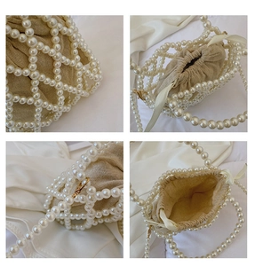 Detail views of beaded bucket bag with cream drawstring liner and large faux pearls