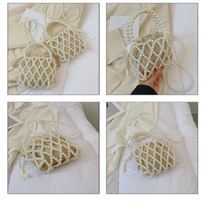 Detail of beaded pearl evening bag with drawstring liner and elegant woven pattern