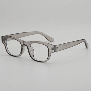 Modern square candy color eyeglasses frame in transparent grey with silver hinge details