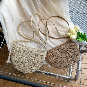 Women Straw Woven Crossbody Bag Half Moon Fringe Tassel Shoulder Handbag Summer Beach Vacation Casual Style