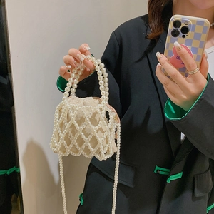 Elegant beaded pearl handbag with drawstring liner and crossbody chain for women