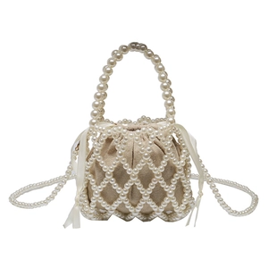 Elegant white pearl beaded crossbody bag with drawstring linen pouch insert
