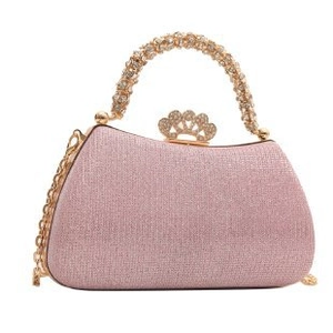 Elegant pink glitter evening handbag with crystal handle and crown clasp detail