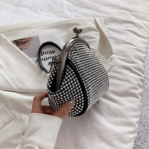 Close-up of sparkling silver rhinestones and metal spherical lock on fashionable black handbag
