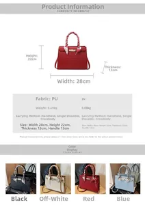 Detail view of crocodile pattern handbag showing dimensions 28x22x13cm and color options