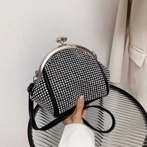 Elegant black rhinestone crossbody bag with silver crystal finish and metal clasp