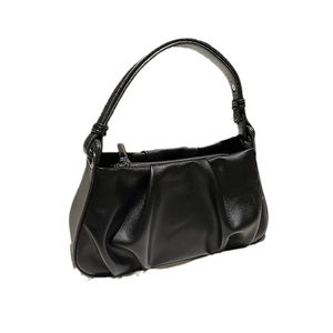Chic black pleated shoulder bag with silver zipper and soft PU leather texture
