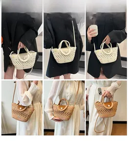 Vues détaillées de sacs en paille tressée avec perles et motifs à pois colorés