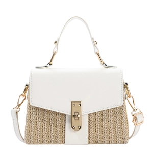 Minimalist woven handbag with white leather patchwork and metallic clasp on white background