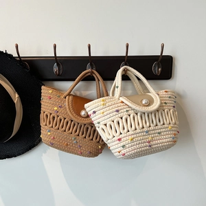 Sac Bandoulière En Paille Tissée Pompons Colorés Rabat En Cuir Boucle Künstliche Perle Synthétique Sac À Main Plage Pour Femmes