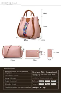 Guide des tailles pour ensemble 4 pièces avec cabas, sac bandoulière, pochette et porte-cartes