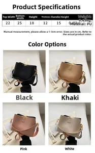 Detailed size chart for the pebbled PU leather bucket bag showing dimensions and colors
