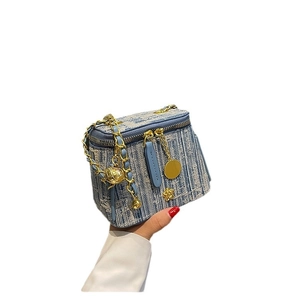 Mini blue tweed vanity case crossbody bag with golden chain and leather trim