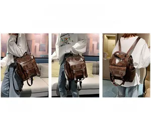 Three-way carry view of retro brown PU leather backpack for single shoulder or hand use