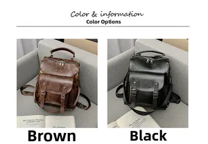 Comparison of brown and black vintage faux leather backpacks with dual decorative buckles