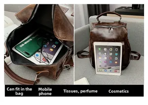 Detail of large brown backpack interior storage capacity with tablet and daily essentials