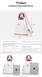 Detailed size chart and multi-functional strap options for the stylish beige backpack
