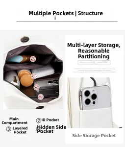Detail view of the multi-compartment interior storage of this white leather crossbody bag