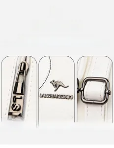 Detailed macro view of high-quality metal logo hardware and smooth zipper on white bag
