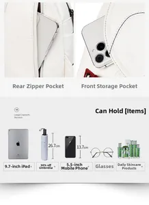 Detail view of large capacity white pebble leather backpack showing pocket storage layout