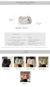 Detailed size guide and color options for the pleated cloud bag with pearl strap