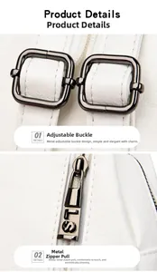 Detail of white lychee leather bag showing adjustable dark grey hardware and SL embossed zipper