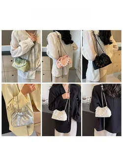 Collage of pleated dumpling bags in five colors with pearl beads and chain straps