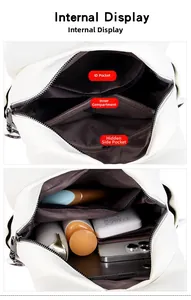 Detailed interior of a white PU crossbody bag showing functional pockets and zipper sections