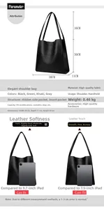 Detailed view of black litchi grain tote bag showing dimensions and storage capacity