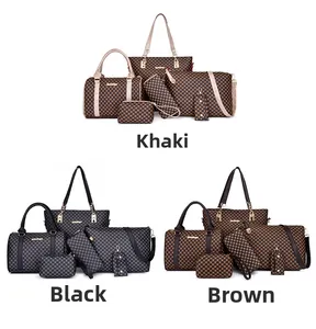Detailed comparison of 6-piece handbag sets in khaki, black, and brown checkered patterns