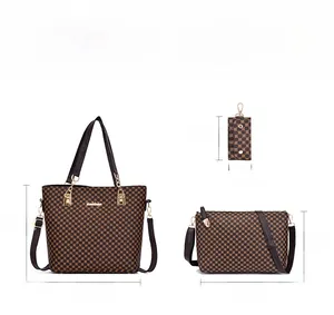 Detailed view of 3-piece bag set with tote, crossbody and pouch in checkered pattern
