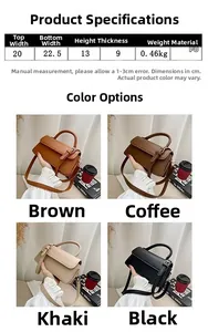 Detailed chart showing PU leather shoulder bag dimensions and four available colors