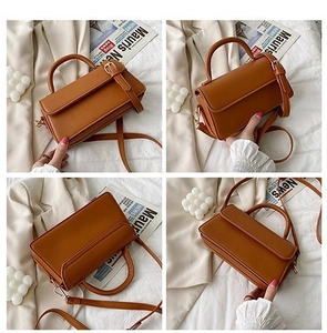 Detailed four-angle views of brown leather crossbody bag with top handle and golden hardware