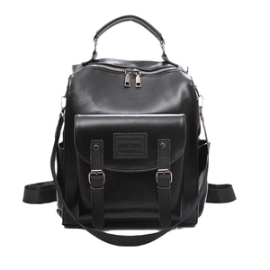 Front view of a black high-capacity faux leather backpack with double strap buckles