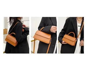Brown leather square bag shown in three ways: hand-carried, shoulder, and crossbody style