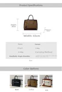 Canvas tote bag size details showing 43x30x16cm dimensions and weight specification