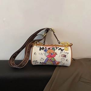 Sac Polochon Femme Ours Graffiti Coloré Cuir PU Mode Rue Bandoulière Large Réglable Sac À Épaule
