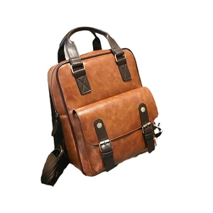 Brown vintage PU leather large capacity backpack with flap pocket and metal buckle detail