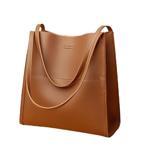 Classic brown pebble-textured leather tote bag with wide shoulder straps for women