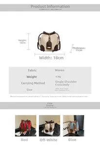 Detail view of woven bucket bags with size dimensions 18x18x11cm and leather trim details