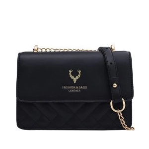 Classic black quilted crossbody bag with golden chain strap and deer head logo