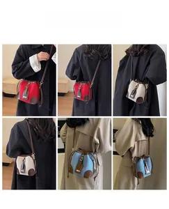Collage of bucket bag in red, beige, and blue with leather trim on a model