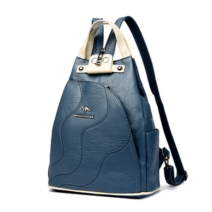 Navy and cream contrast leather backpack for women with kangaroo logo and handle