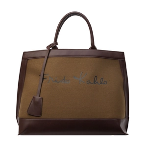 Retro canvas tote bag with brown leather trim and artistic signature design