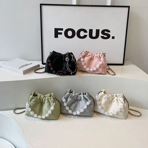 Women Pleated Cloud Bag PU Leather Handbag With Artificial Pearl Bead Handle And Chain Strap Fashion Crossbody