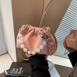 Pink pleated cloud bag with elegant pearl handle and silver chain shoulder strap