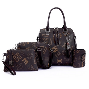 Deep brown 4-piece handbag set with letter patterns and metal cat charm pendant