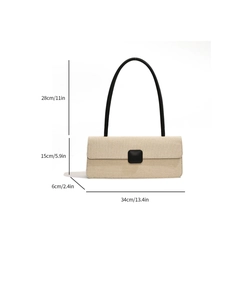 Detaillierte Maßtabelle für beige Tweed-Handtasche mit Längen-, Höhen- und Henkelmaßen