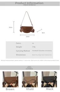 Detailed size chart for retro saddle bag with wide strap and PU leather measurements