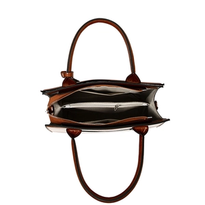 Top view of brown leather tote bag with internal compartments and center zipper pocket
